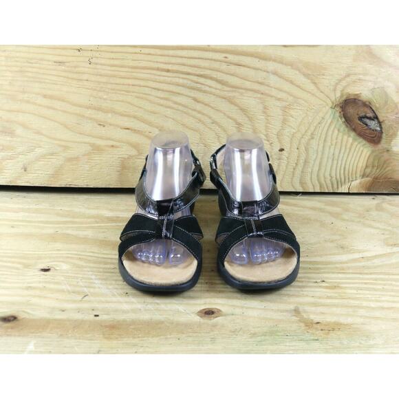 Haflinger Sandals Womens 10 Black Velvet Patent Leather 41 Slingback Wedge - Picture 2 of 8